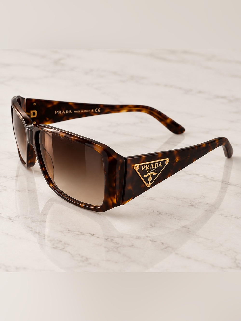 Prada Tortoiseshell Square Sunglasses with Gold Logo - Brown Gradient Polarized
